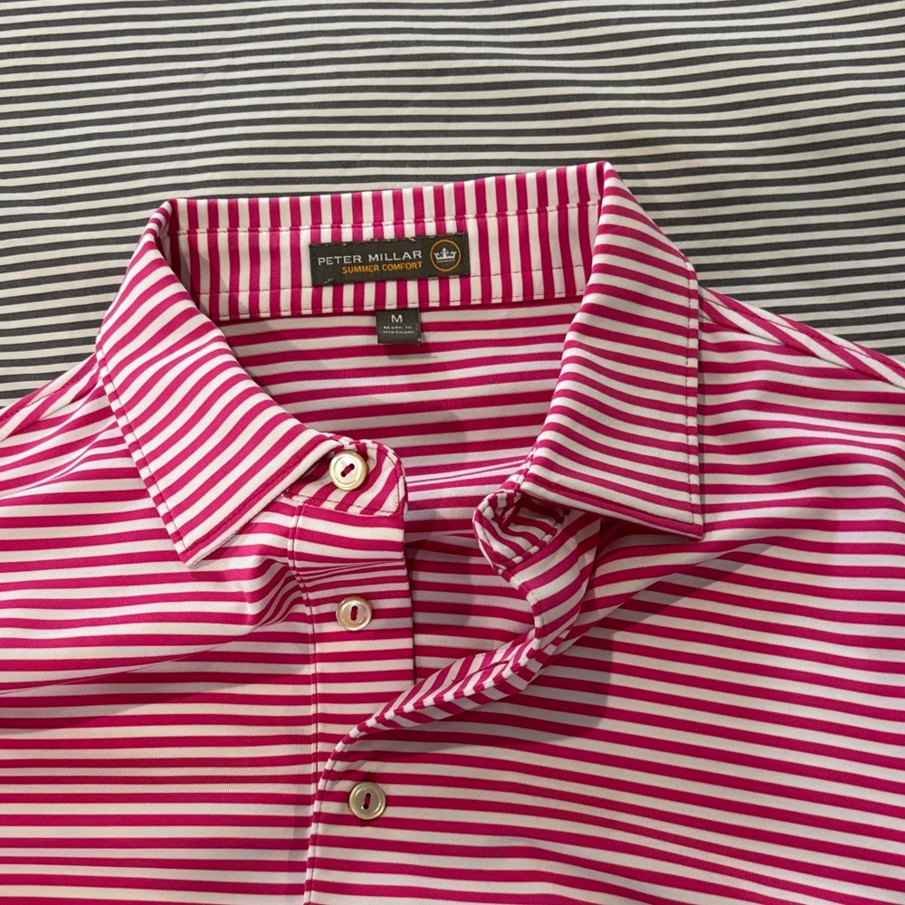 Peter Millar Men's Polo in Pink and White Stripes
